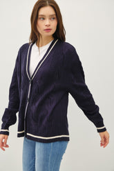 Be Cool Women's Contrast Trim Cable-Knit V-Neck Cardigan - Elegant Buttoned Sweater